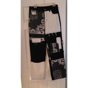 SHEIN Uni-sex Black White Patchwork Bandana Frayed Edge Pants Wide-legged Size M
